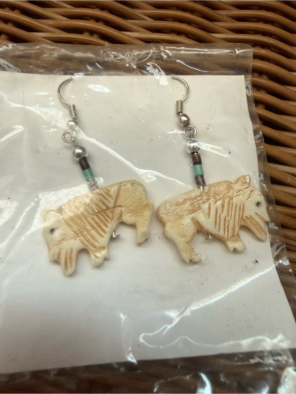 Carved Buffalo Bison Dangle Earrings Turquoise Color Beads Western Boho